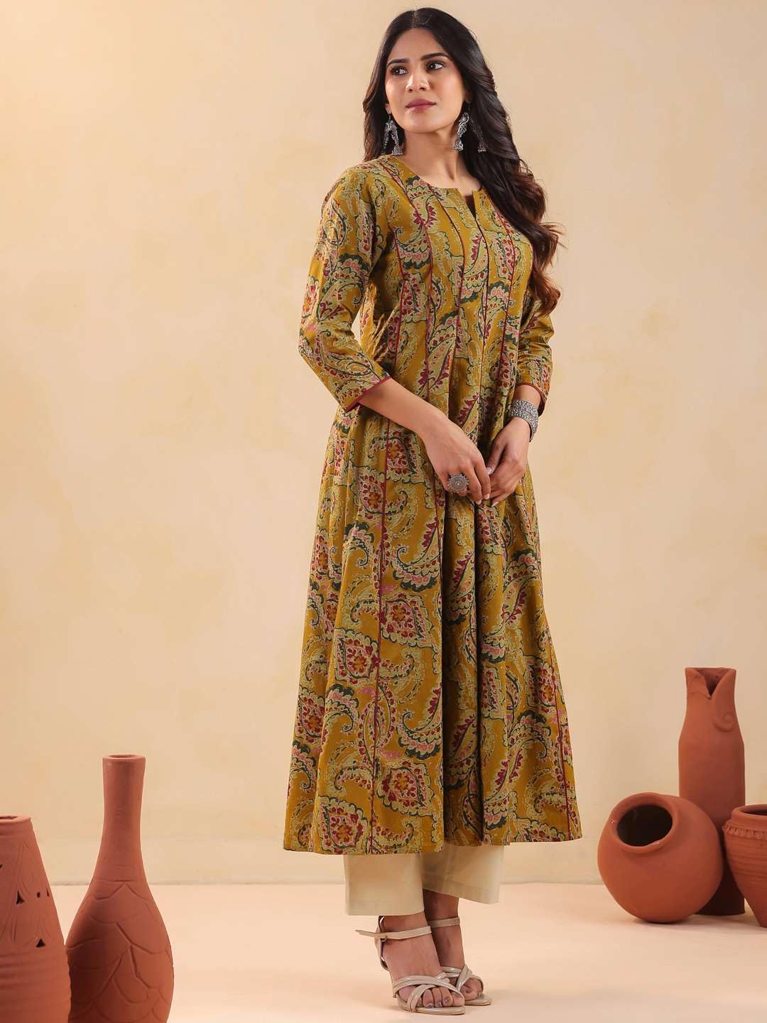 Rimeline Women's Cotton Anarkali Kurta Mustard Flared Ethnic Kurti with Paisley Print - packaging