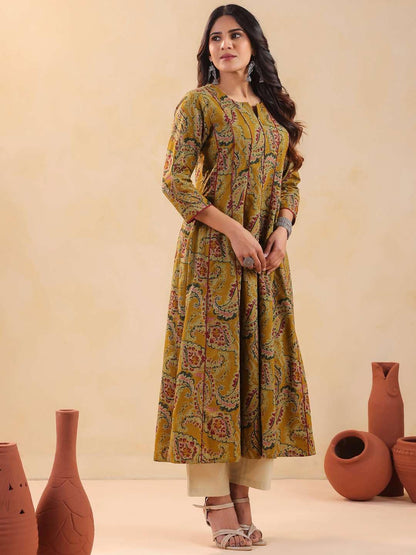 Rimeline Women's Cotton Anarkali Kurta Mustard Flared Ethnic Kurti with Paisley Print - packaging
