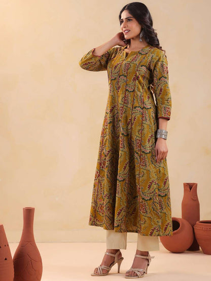 Rimeline Women's Cotton Anarkali Kurta Mustard Flared Ethnic Kurti with Paisley Print - label detail