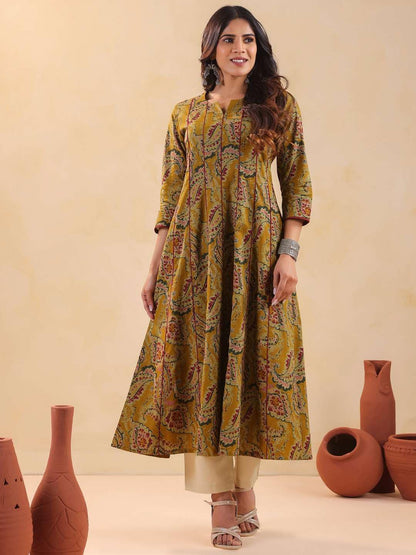 Rimeline Women's Cotton Anarkali Kurta Mustard Flared Ethnic Kurti with Paisley Print - ingredients panel