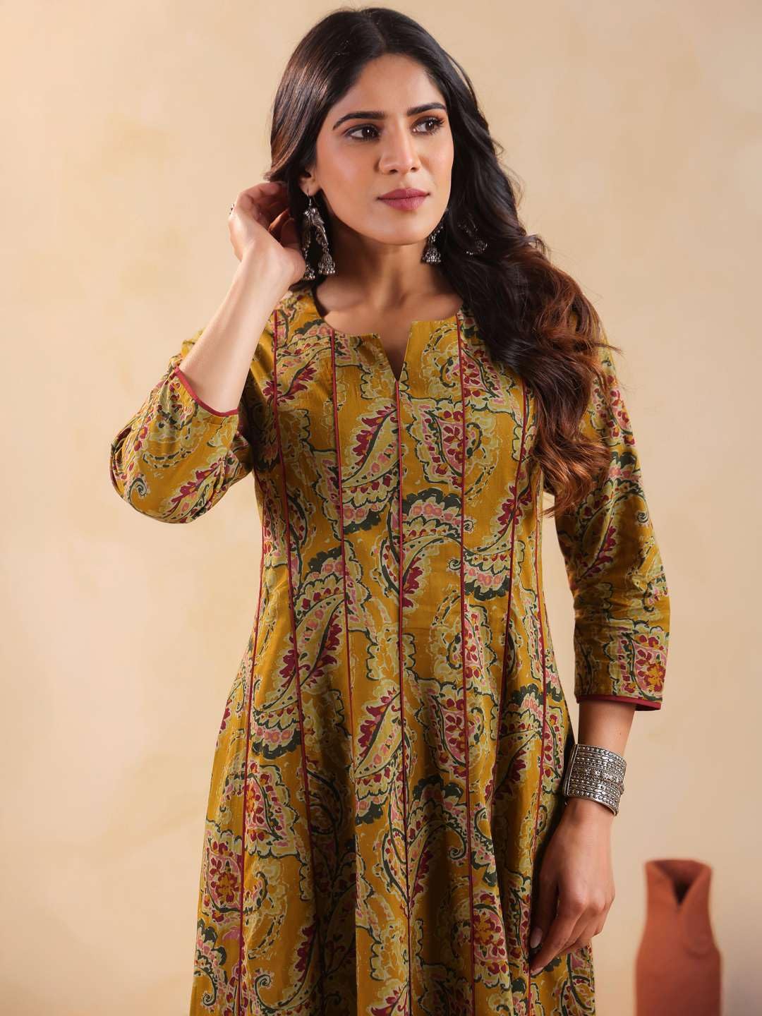 Rimeline Women's Cotton Anarkali Kurta Mustard Flared Ethnic Kurti with Paisley Print - close-up detail