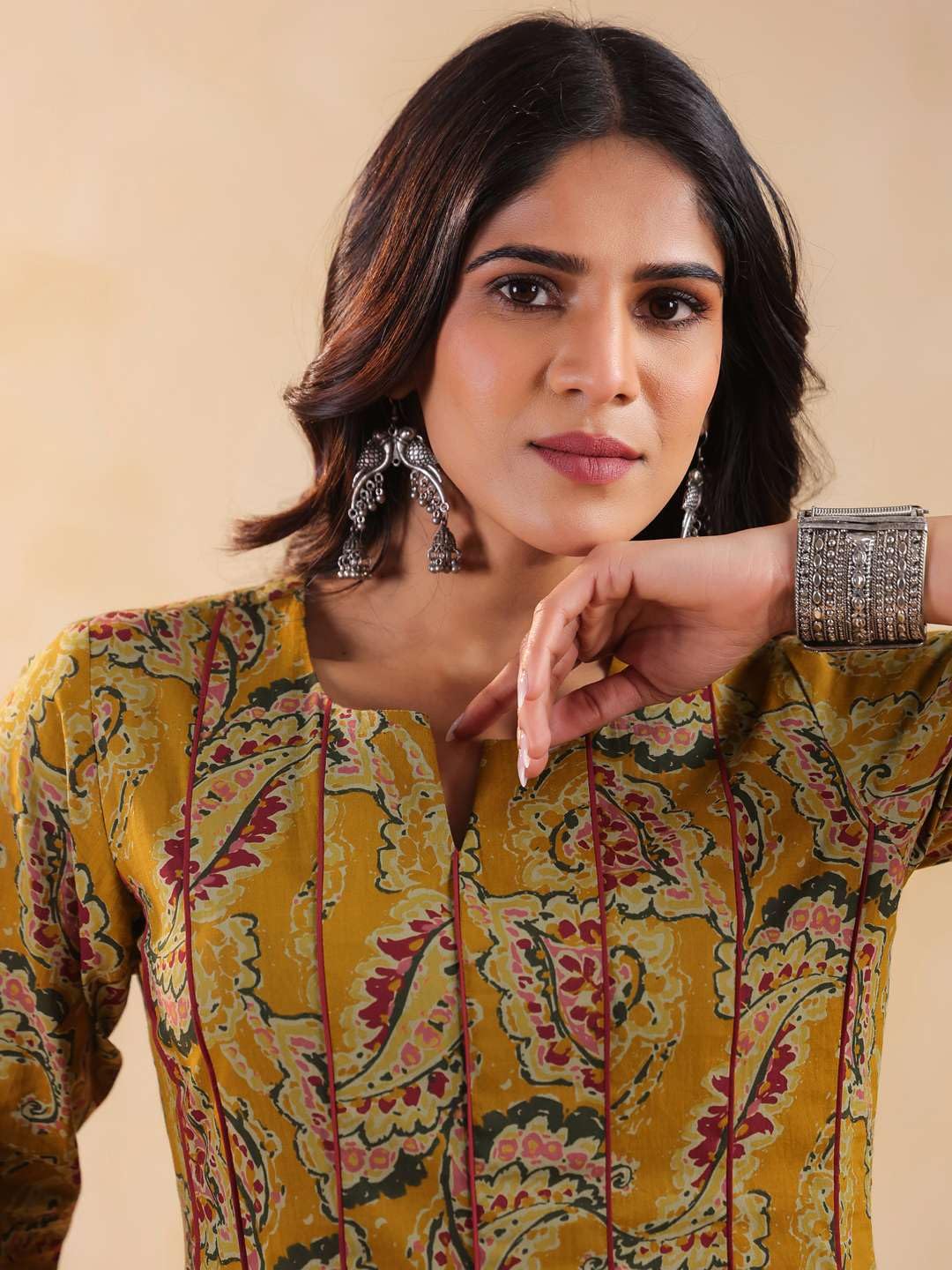 Rimeline Women's Cotton Anarkali Kurta Mustard Flared Ethnic Kurti with Paisley Print - in use