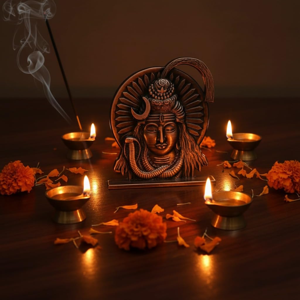 ringzinnie Lord Shiva Face Idol, Metal Figurine for Car Dashboard Home Temple Office Decor, Antique Style, Compact Showpiece 