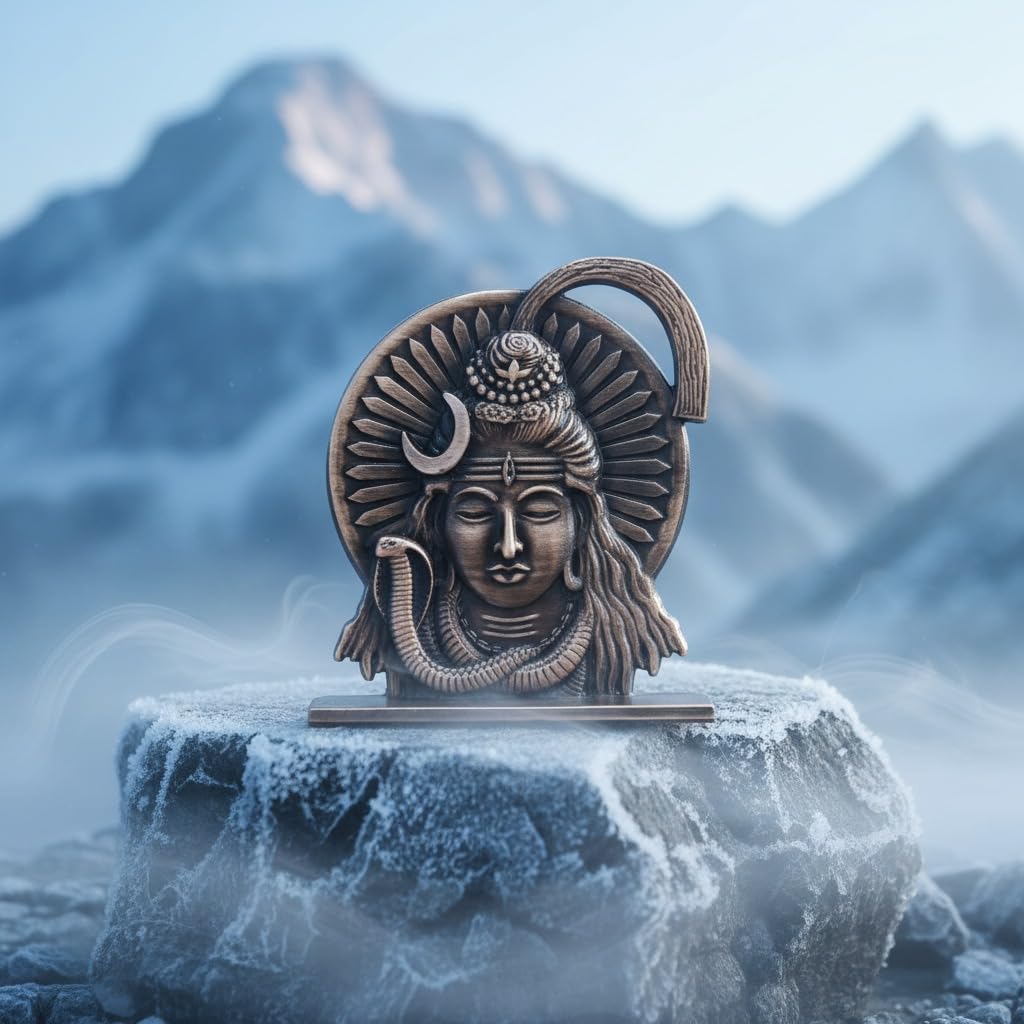 ringzinnie Lord Shiva Face Idol, Metal Figurine for Car Dashboard Home Temple Office Decor, Antique Style, Compact Showpiece 