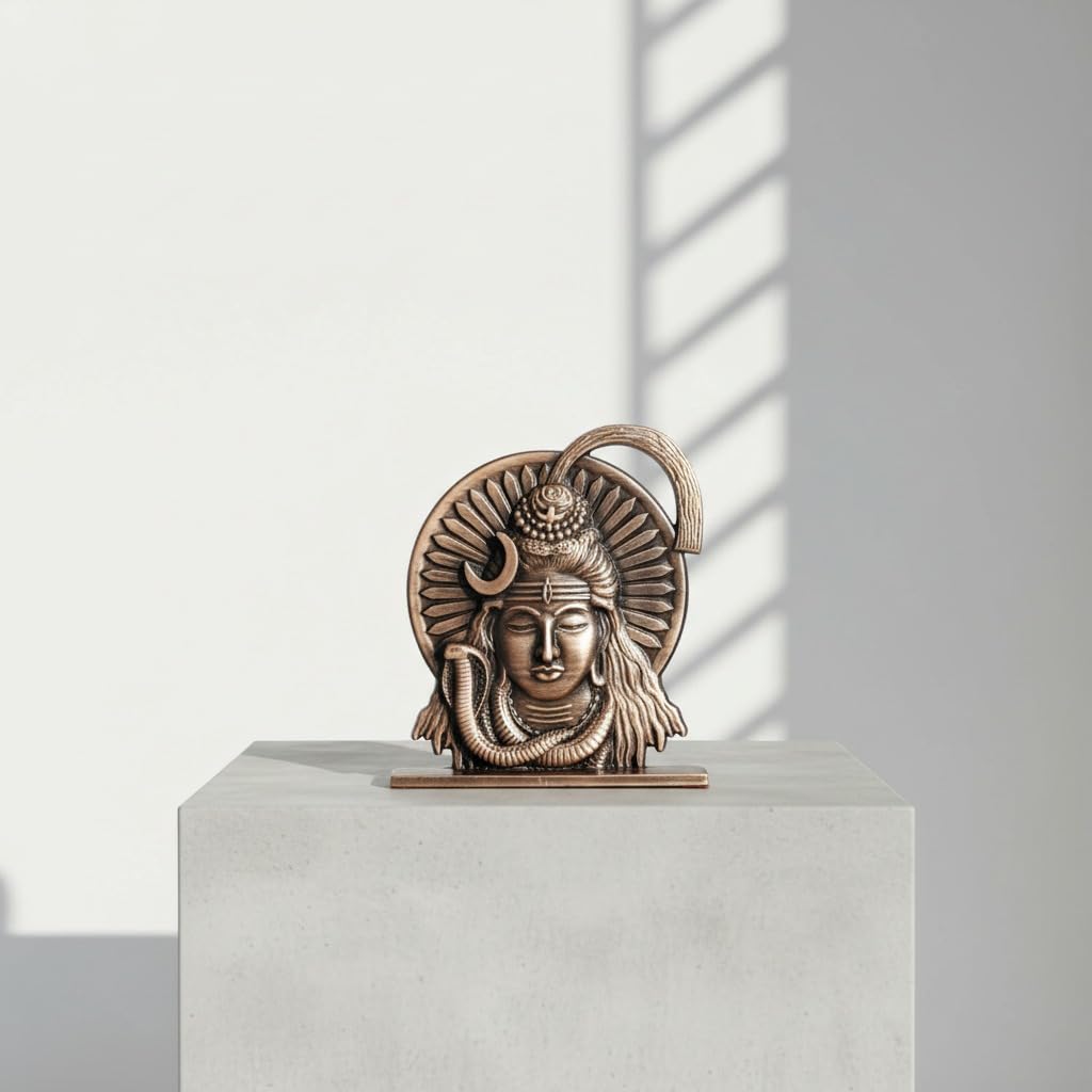 ringzinnie Lord Shiva Face Idol, Metal Figurine for Car Dashboard Home Temple Office Decor, Antique Style, Compact Showpiece 