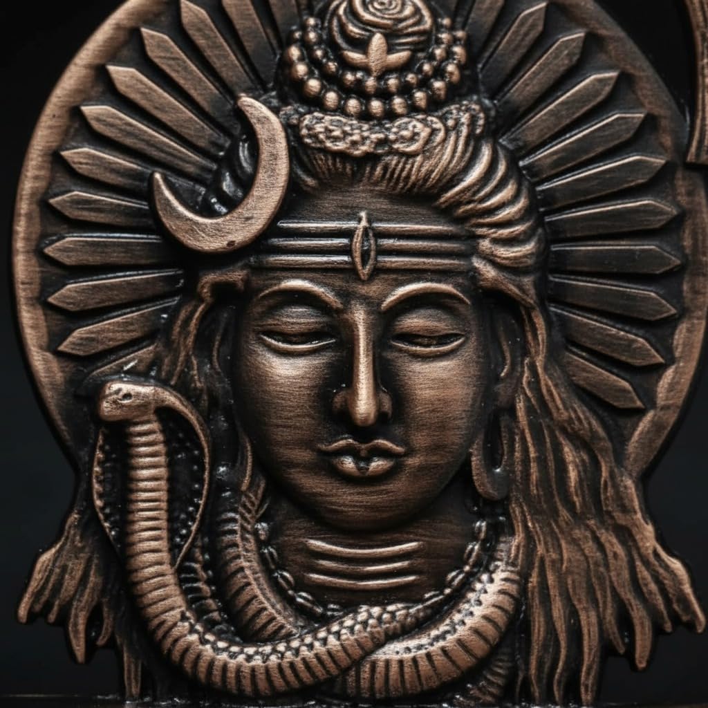 ringzinnie Lord Shiva Face Idol, Metal Figurine for Car Dashboard Home Temple Office Decor, Antique Style, Compact Showpiece 