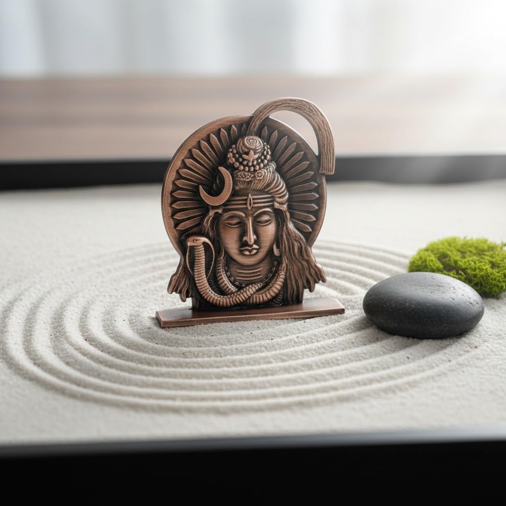 ringzinnie Lord Shiva Face Idol, Metal Figurine for Car Dashboard Home Temple Office Decor, Antique Style, Compact Showpiece 