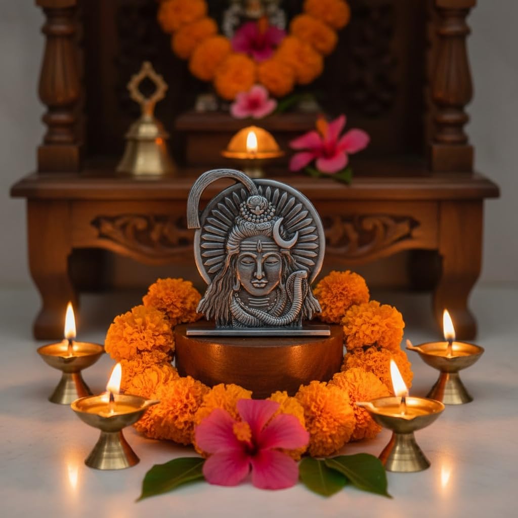 ringzinnie Lord Shiva Face Idol, Metal Figurine for Car Dashboard Home Temple Office Decor, Antique Style, Compact Showpiece 