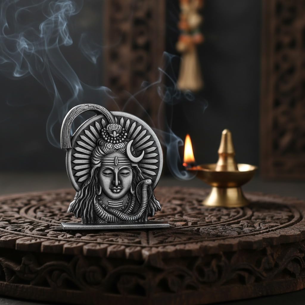 ringzinnie Lord Shiva Face Idol, Metal Figurine for Car Dashboard Home Temple Office Decor, Antique Style, Compact Showpiece 