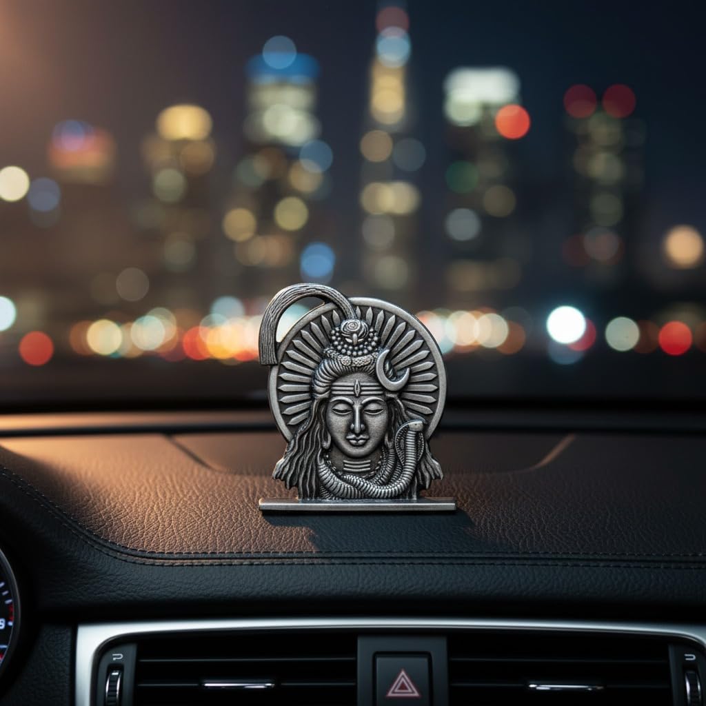 ringzinnie Lord Shiva Face Idol, Metal Figurine for Car Dashboard Home Temple Office Decor, Antique Style, Compact Showpiece 