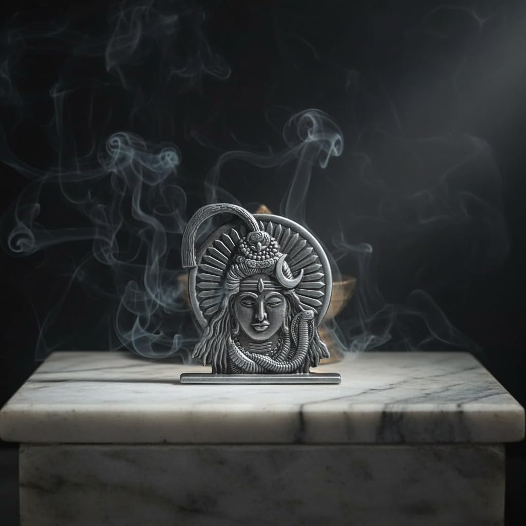 ringzinnie Lord Shiva Face Idol, Metal Figurine for Car Dashboard Home Temple Office Decor, Antique Style, Compact Showpiece 