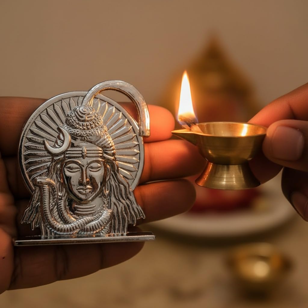 ringzinnie Lord Shiva Face Idol, Metal Figurine for Car Dashboard Home Temple Office Decor, Antique Style, Compact Showpiece 