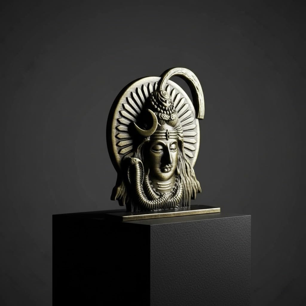 ringzinnie Lord Shiva Face Idol, Metal Figurine for Car Dashboard Home Temple Office Decor, Antique Style, Compact Showpiece 