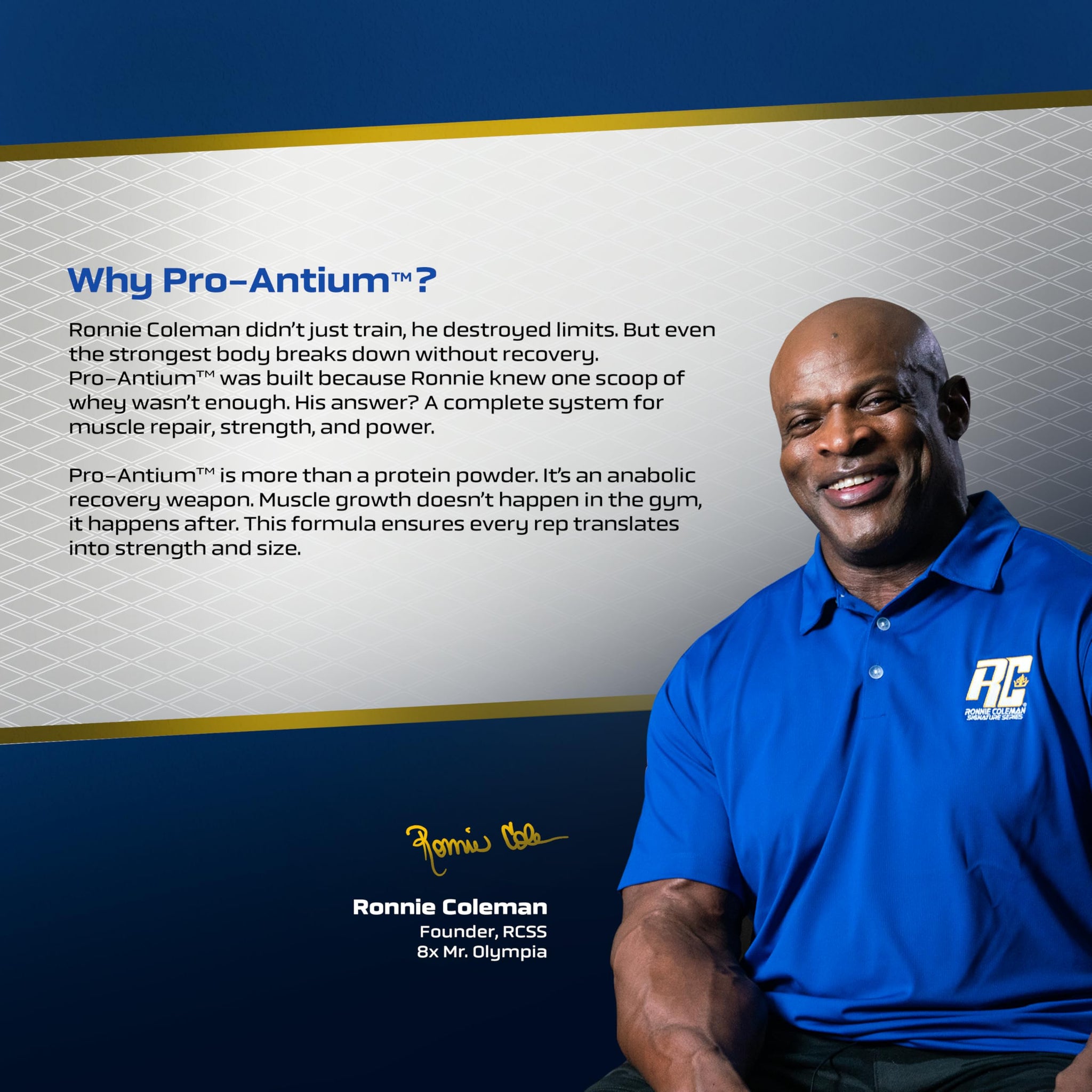 Ronnie Coleman Signature Series Pro-Antium Whey Protein, Double Chocolate, 907g (21 Servings) - label detail
