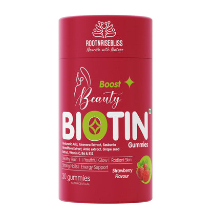 ROOTNRISEBLISS Beauty Biotin Gummies, Strawberry Flavor, Vegetarian Nutritional Supplement