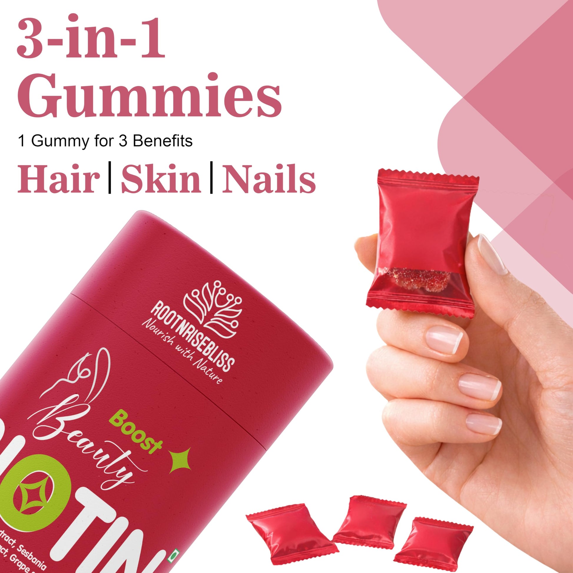 ROOTNRISEBLISS Beauty Biotin Gummies, Strawberry Flavor, Vegetarian Nutritional Supplement - back view
