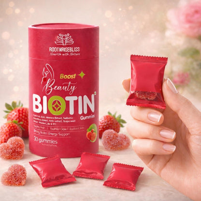 ROOTNRISEBLISS Beauty Biotin Gummies, Strawberry Flavor, Vegetarian Nutritional Supplement - ingredients panel