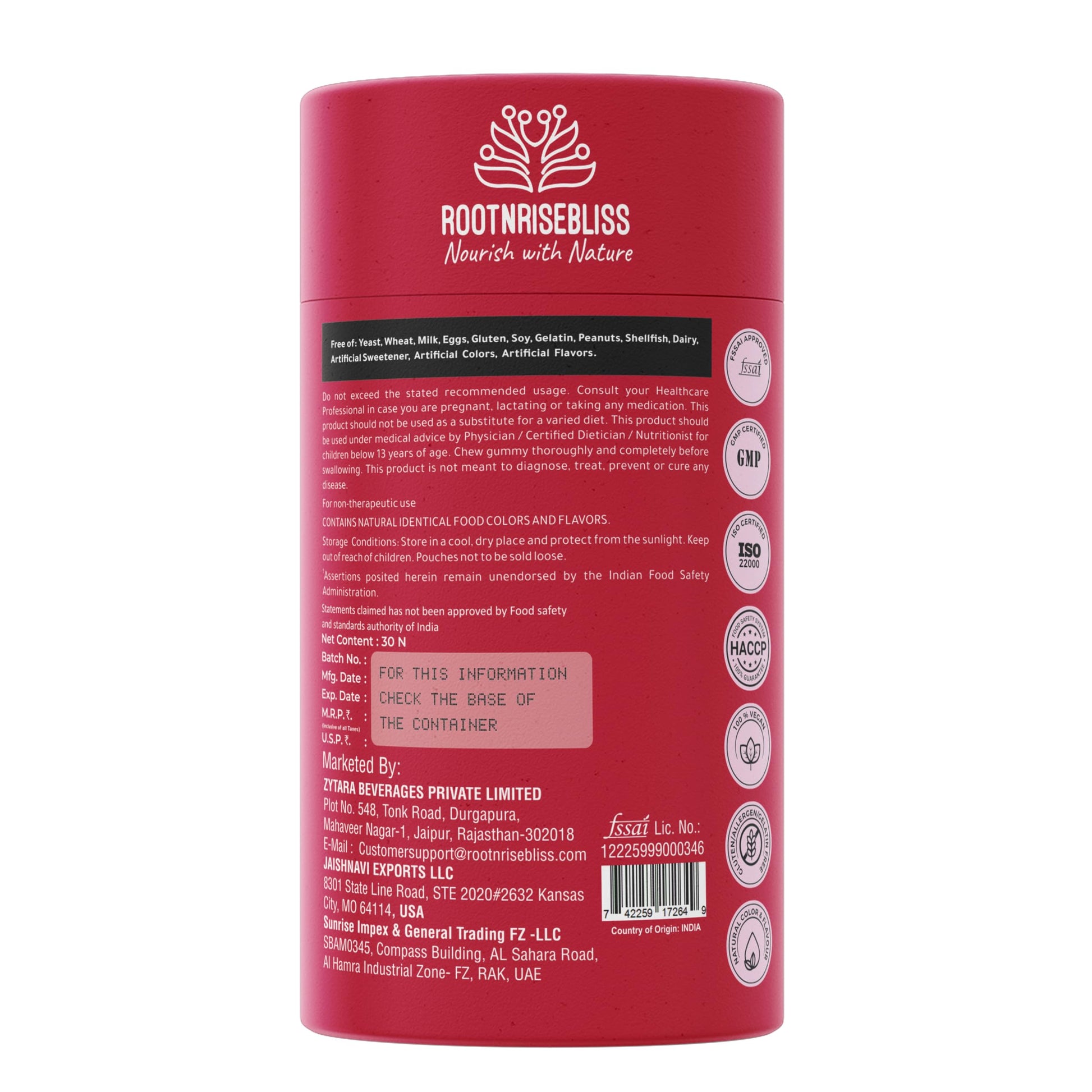 ROOTNRISEBLISS Beauty Biotin Gummies, Strawberry Flavor, Vegetarian Nutritional Supplement - size and scale