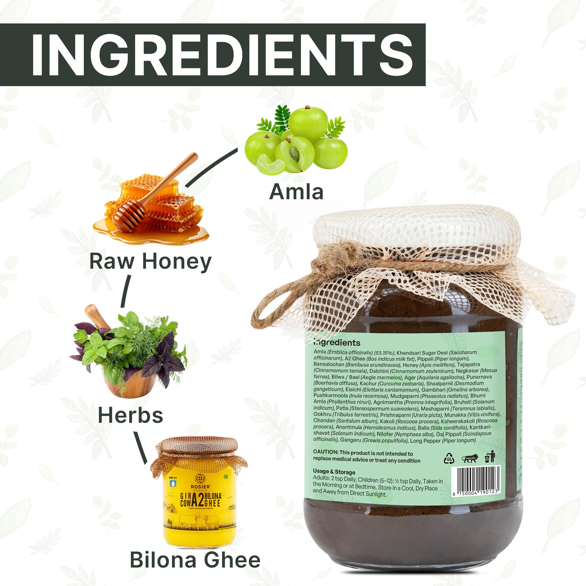 ROSIER Amlaprash with A2 Gir Cow Ghee and Desi Khand, 500g, Ayurvedic Herbal Jam - label detail