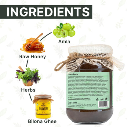ROSIER Amlaprash with A2 Gir Cow Ghee and Desi Khand, 500g, Ayurvedic Herbal Jam - label detail