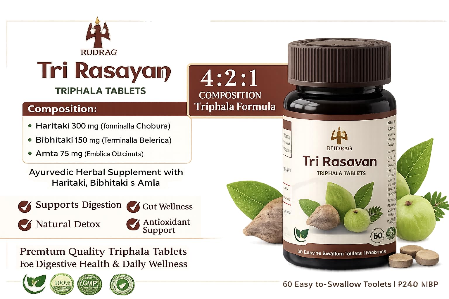 RUDRAG Tri Rasayan Triphala Tablets, 60 Count, 4:2:1 Haritaki Bibhitaki Amla Formula, GMP Certified - label detail