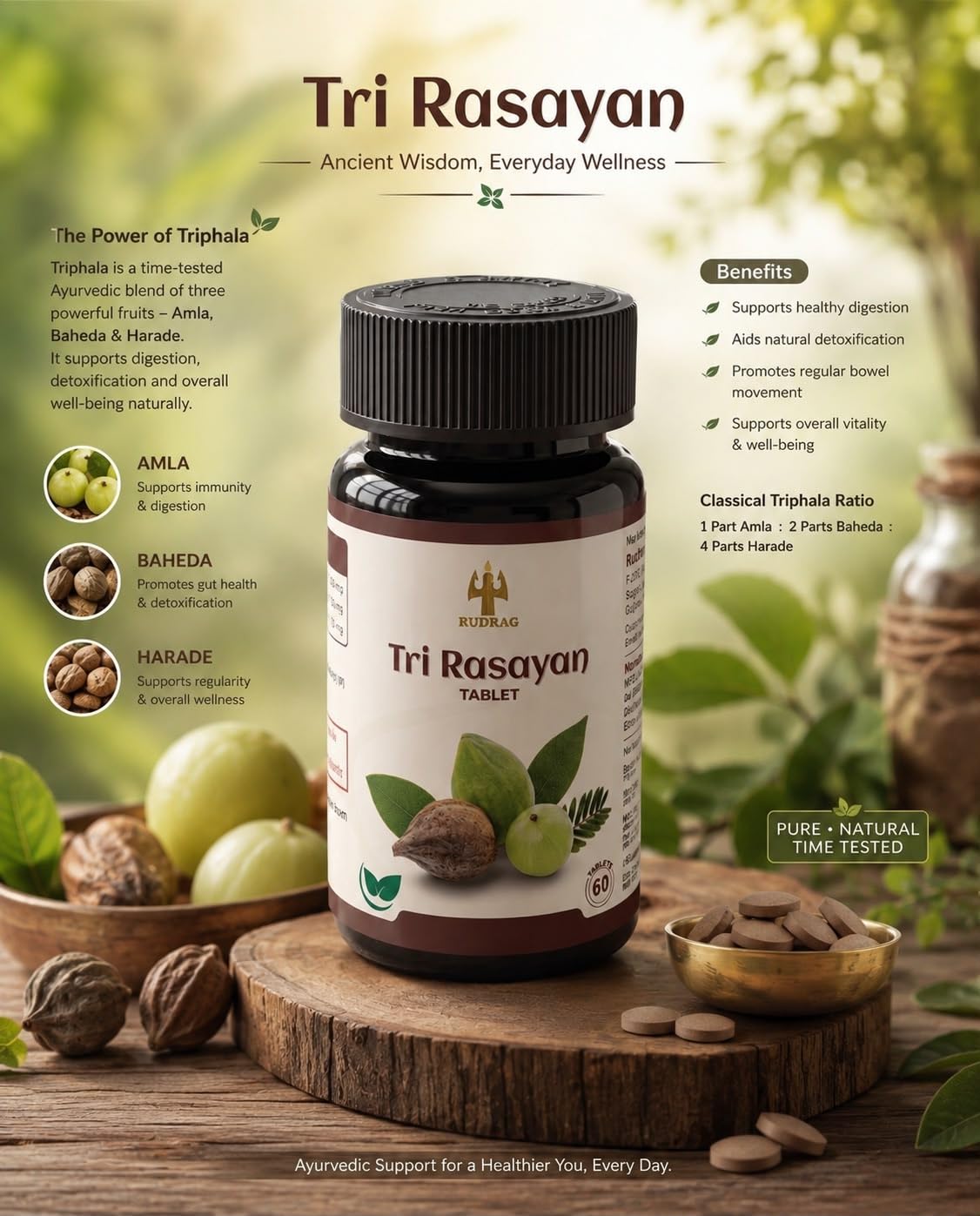 RUDRAG Tri Rasayan Triphala Tablets, 60 Count, 4:2:1 Haritaki Bibhitaki Amla Formula, GMP Certified - ingredients panel