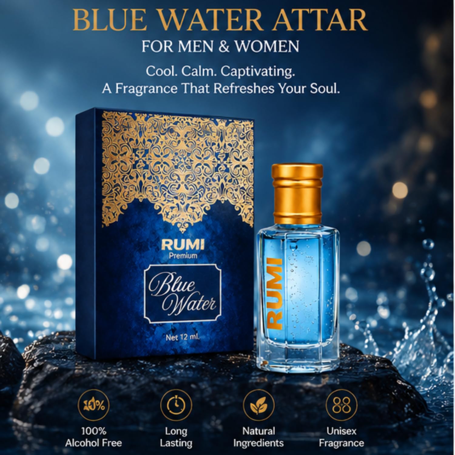 Rumi Blue Water Attar - Alcohol-Free Unisex Aquatic Fragrance, 12 ml, Natural Ingredients - front view