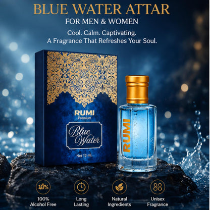 Rumi Blue Water Attar - Alcohol-Free Unisex Aquatic Fragrance, 12 ml, Natural Ingredients - front view