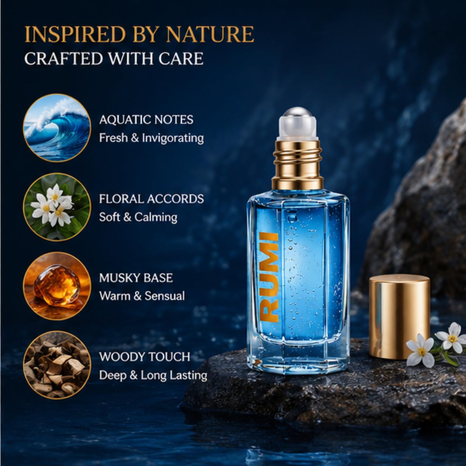 Rumi Blue Water Attar - Alcohol-Free Unisex Aquatic Fragrance, 12 ml, Natural Ingredients - back view
