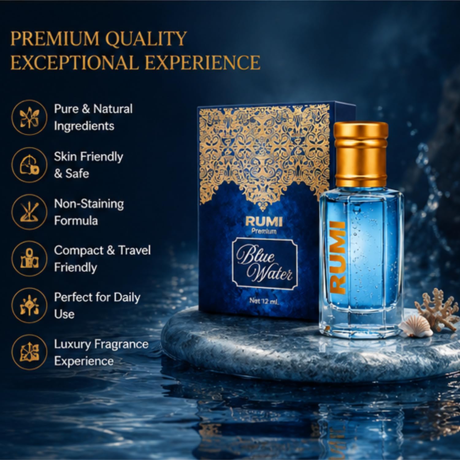 Rumi Blue Water Attar - Alcohol-Free Unisex Aquatic Fragrance, 12 ml, Natural Ingredients - packaging