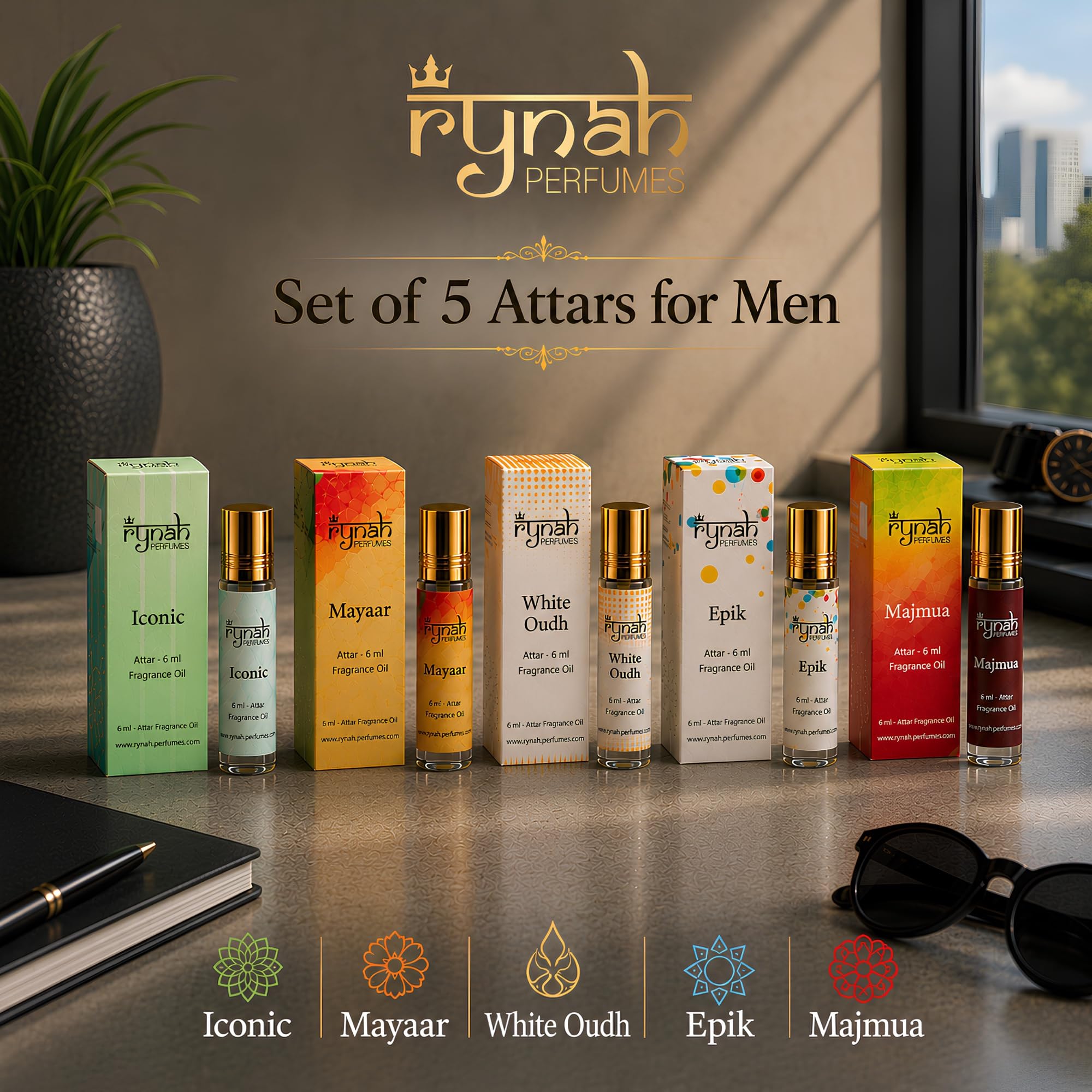RYNAH Arabic Attar Combo for Men - 3 x 6ml Roll-On Non-Alcoholic Perfume Oil - Concentrated Oil Blend - back view (20)