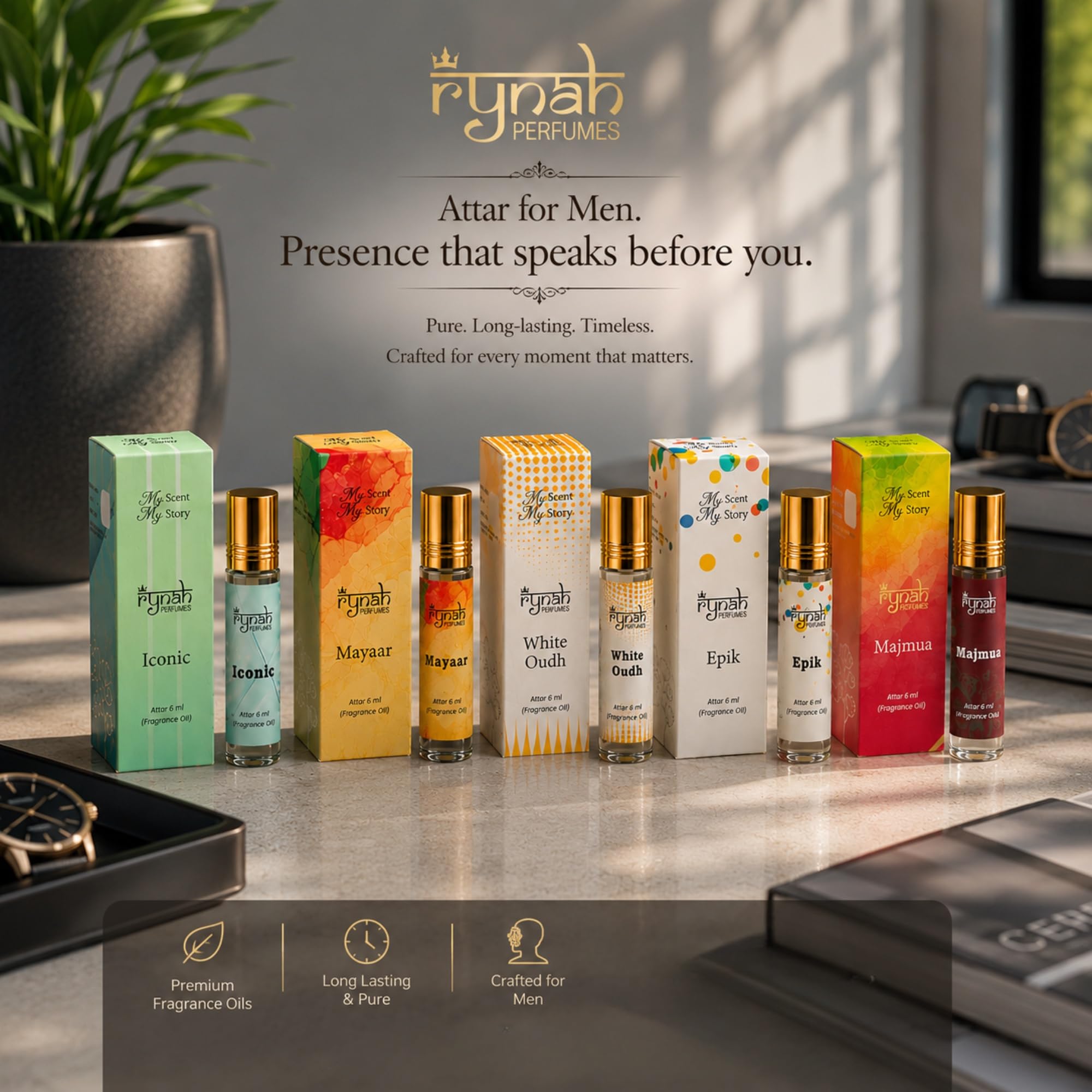 RYNAH Arabic Attar Combo for Men - 3 x 6ml Roll-On Non-Alcoholic Perfume Oil - Concentrated Oil Blend - packaging (21)