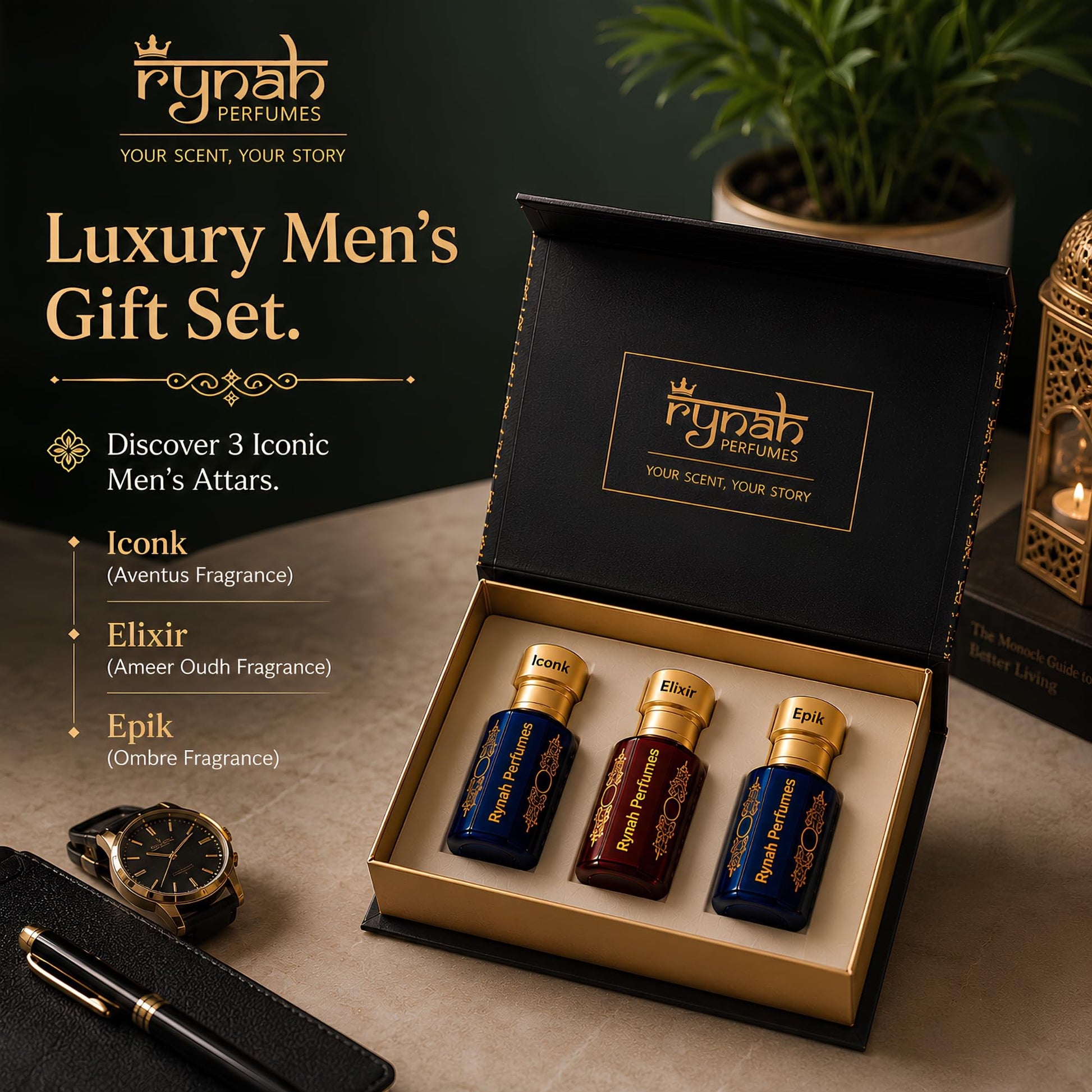 RYNAH Arabic Attar Combo for Men - 3 x 6ml Roll-On Non-Alcoholic Perfume Oil - Concentrated Oil Blend - front view (34)