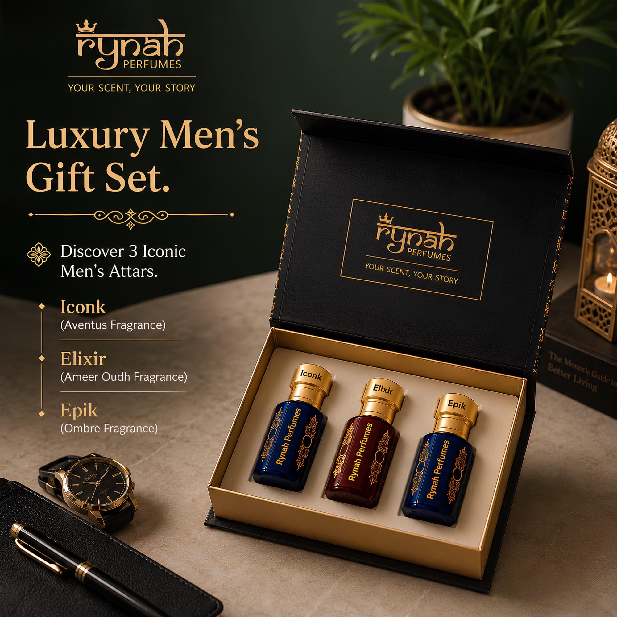 RYNAH Arabic Attar Combo for Men - 3 x 6ml Roll-On Non-Alcoholic Perfume Oil - Concentrated Oil Blend - front view (34)