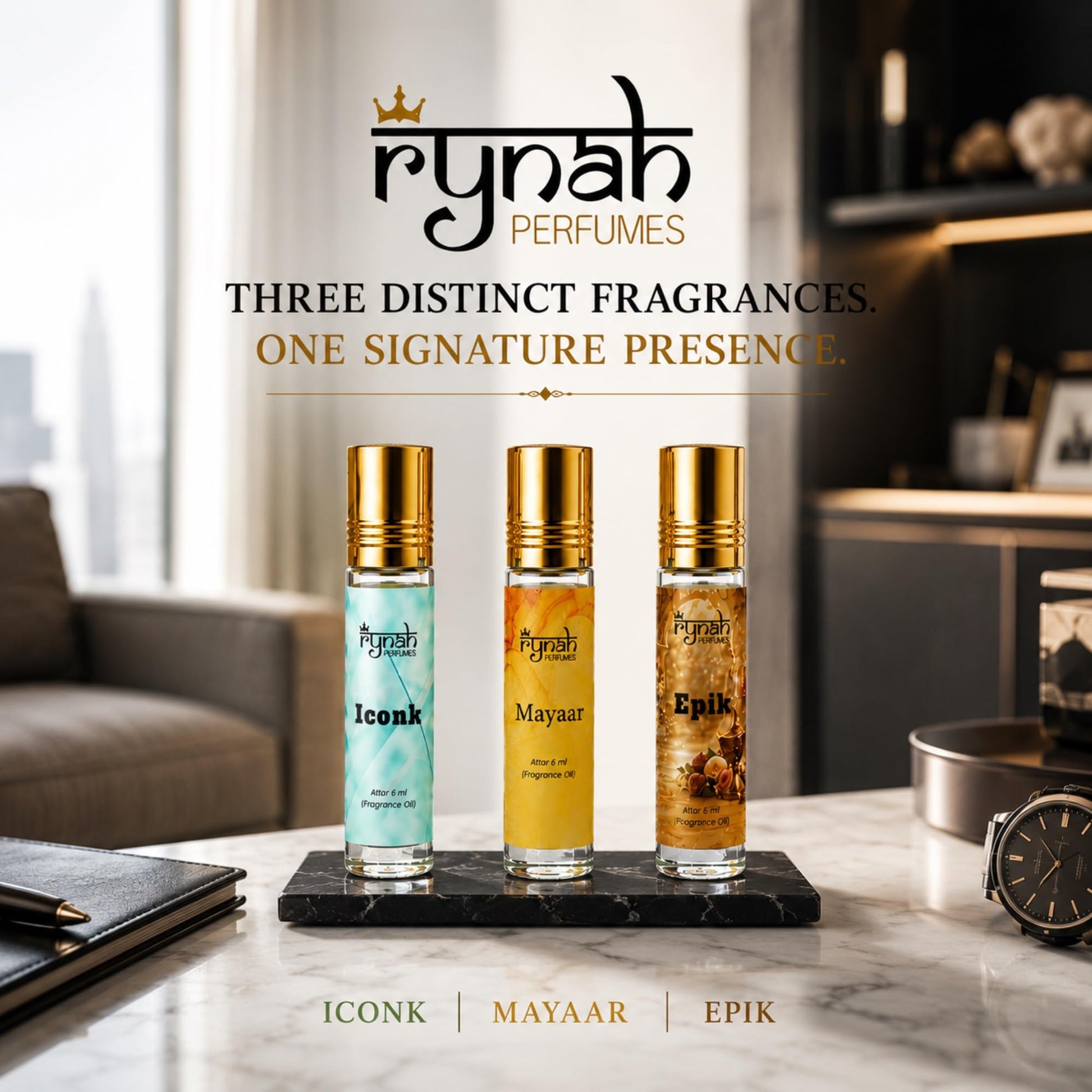 RYNAH Arabic Attar Combo for Men - 3 x 6ml Roll-On Non-Alcoholic Perfume Oil - Concentrated Oil Blend - back view (66)