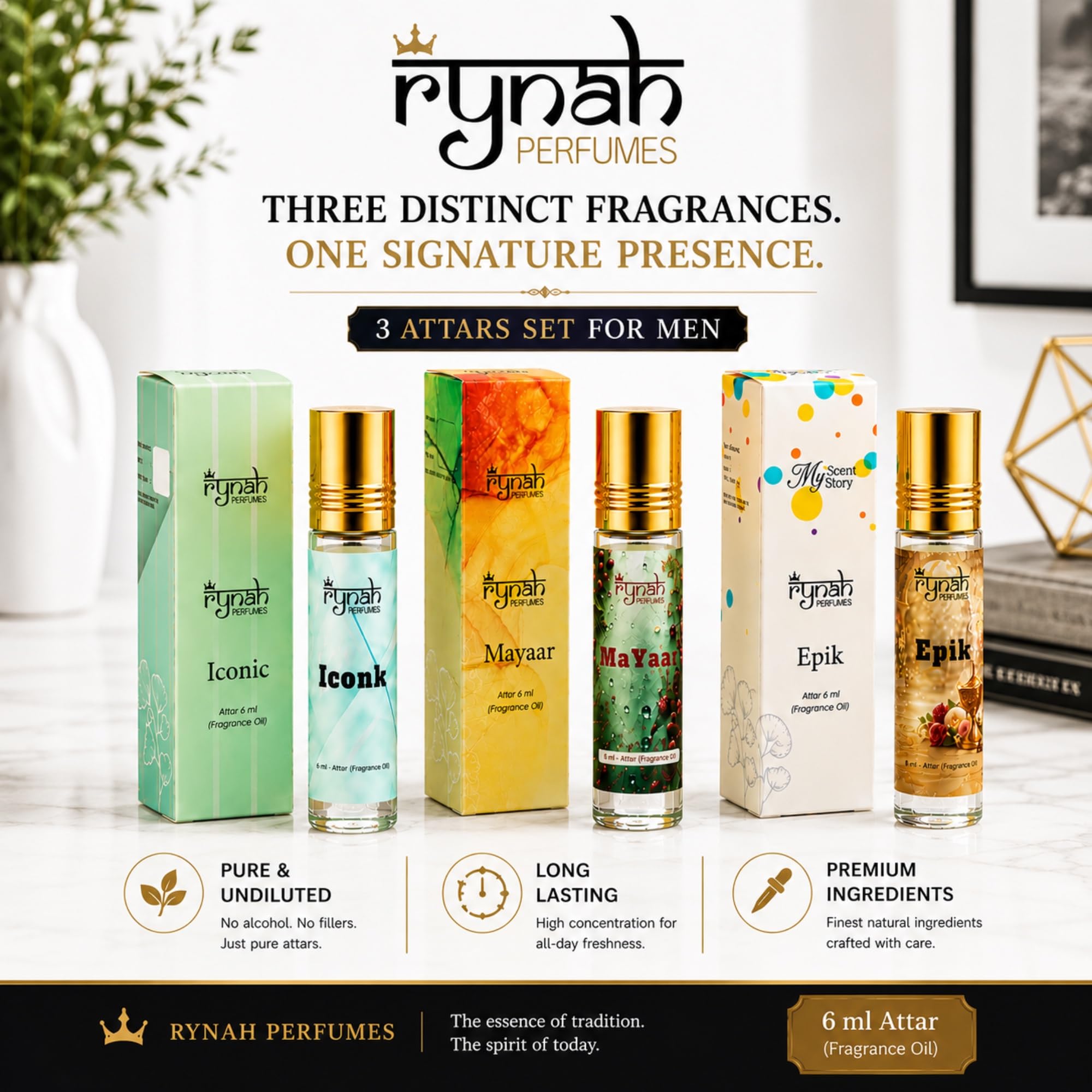 RYNAH Arabic Attar Combo for Men - 3 x 6ml Roll-On Non-Alcoholic Perfume Oil - Concentrated Oil Blend - packaging (67)