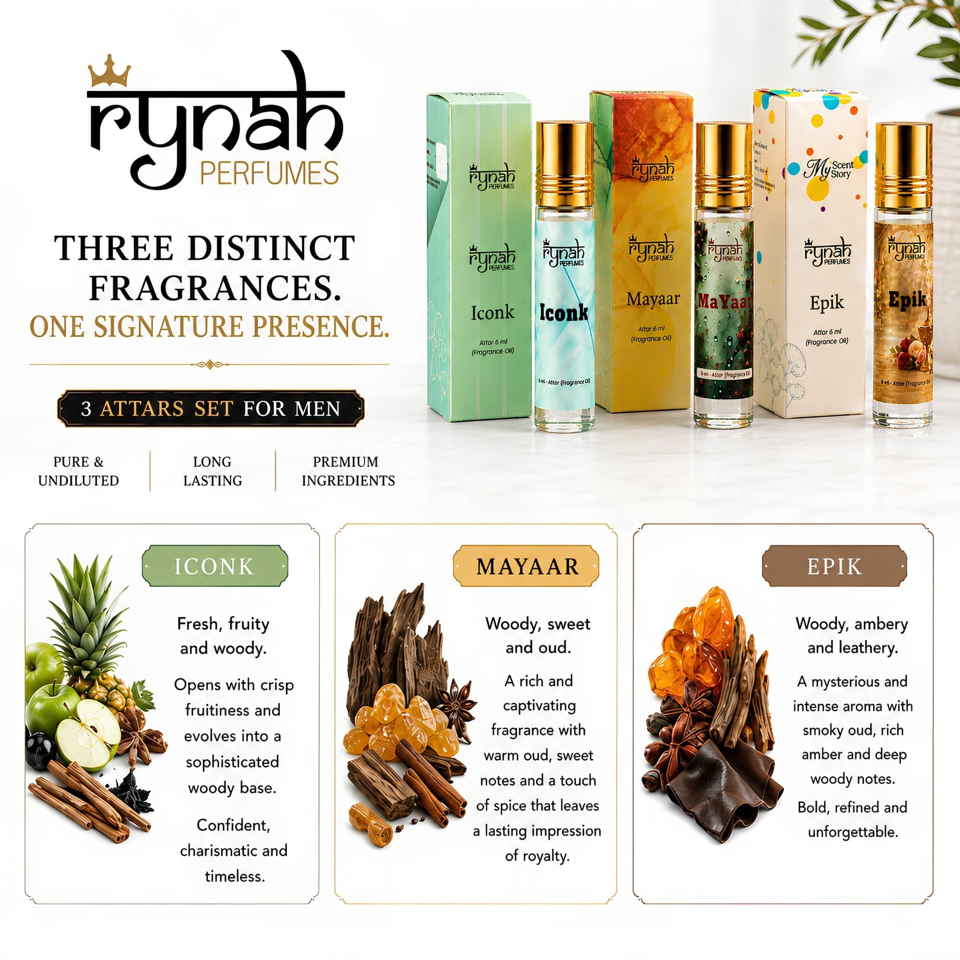 RYNAH Arabic Attar Combo for Men - 3 x 6ml Roll-On Non-Alcoholic Perfume Oil - Concentrated Oil Blend - ingredients panel (69