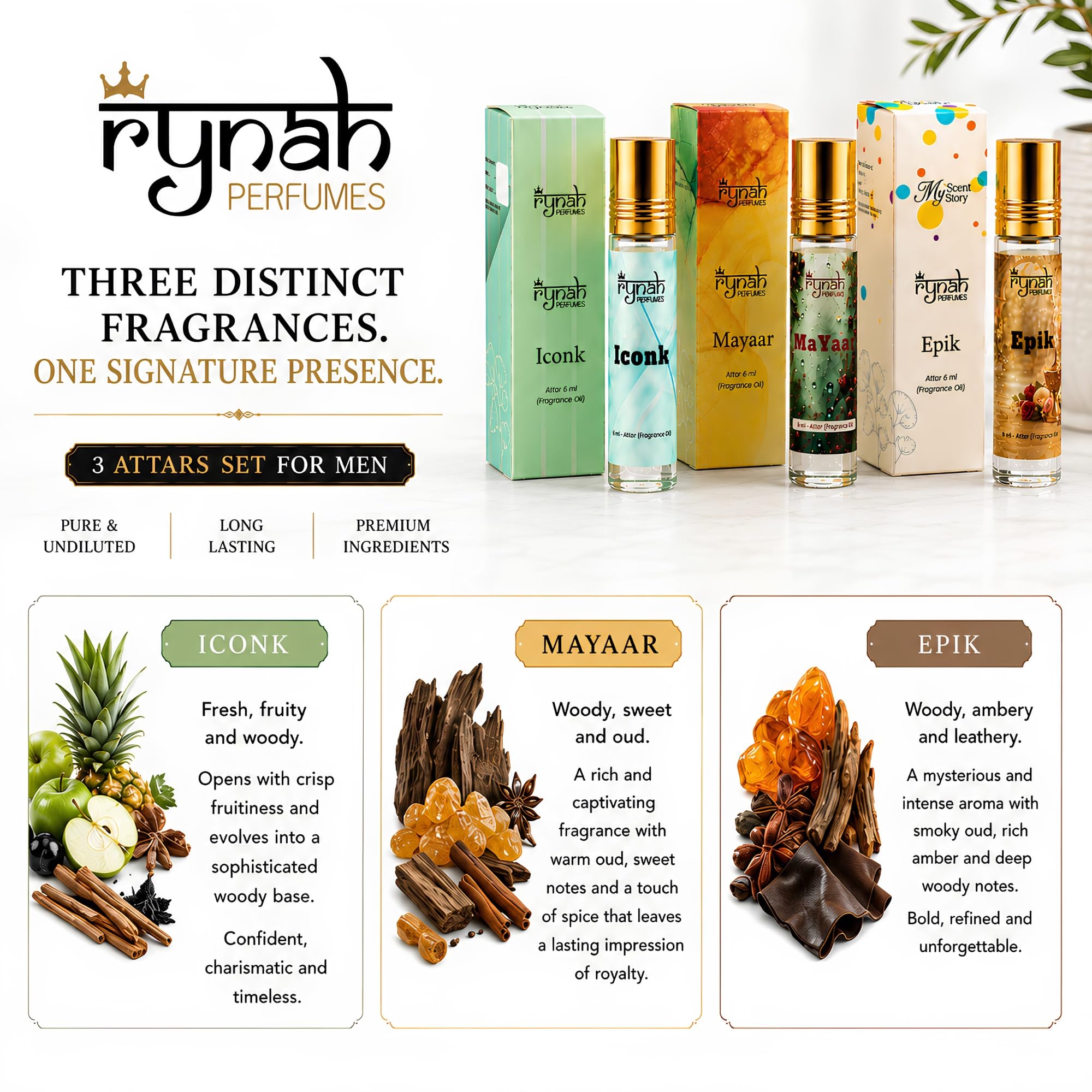 RYNAH Arabic Attar Combo for Men - 3 x 6ml Roll-On Non-Alcoholic Perfume Oil - Concentrated Oil Blend - ingredients panel (69
