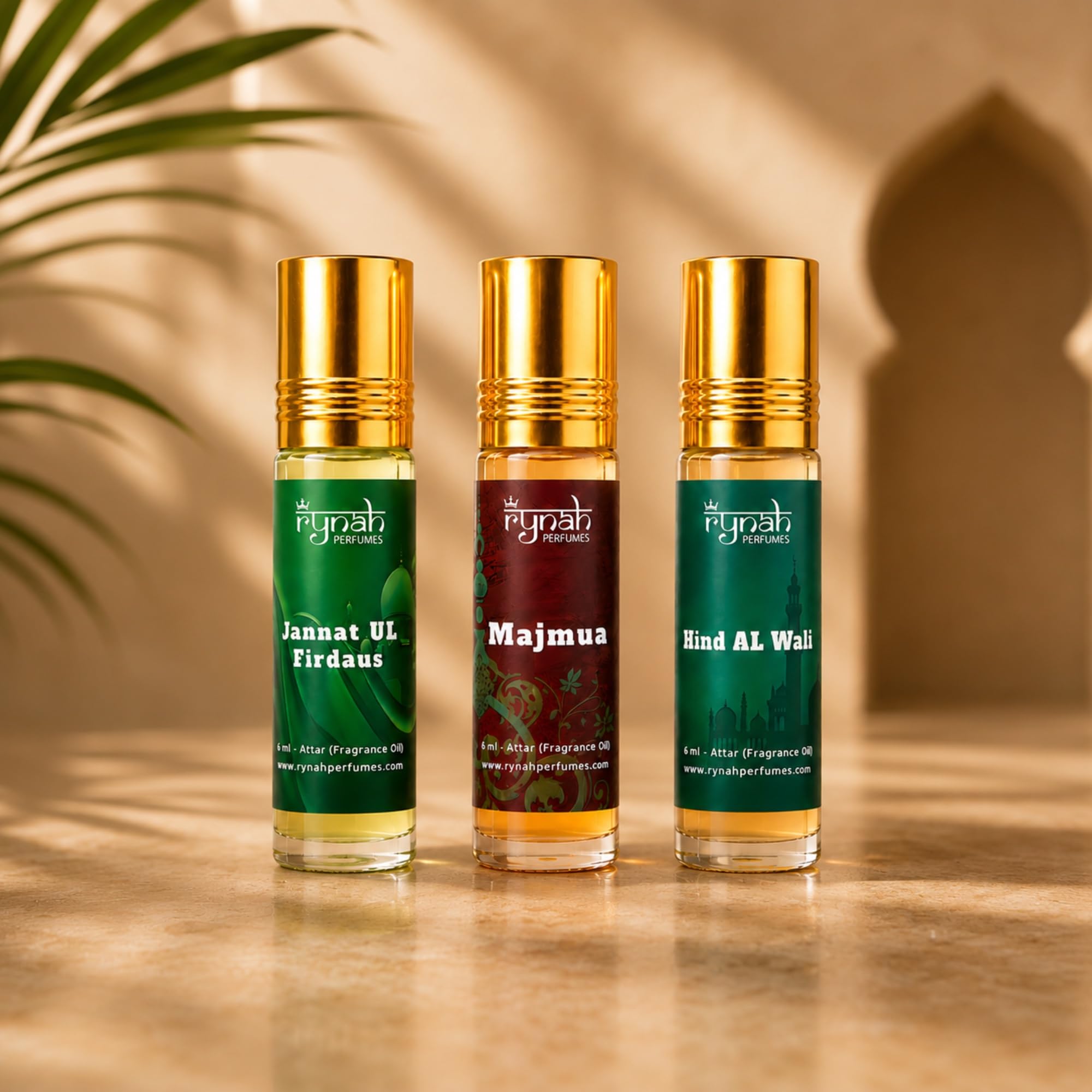 RYNAH Arabic Attar Set - 3 x 6ml Roll-On Perfume Oils (Jannat Ul Firdaus, Majmua, Hind Al Wali)