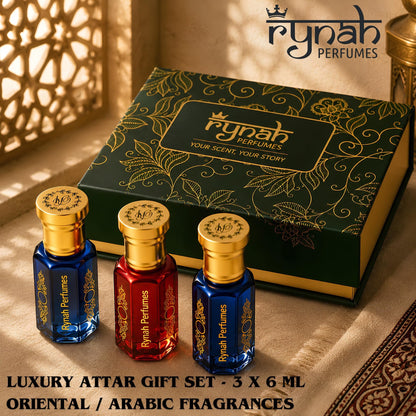RYNAH Arabic Attar Set - 3 x 6ml Roll-On Perfume Oils (Jannat Ul Firdaus, Majmua, Hind Al Wali) - front view (10)