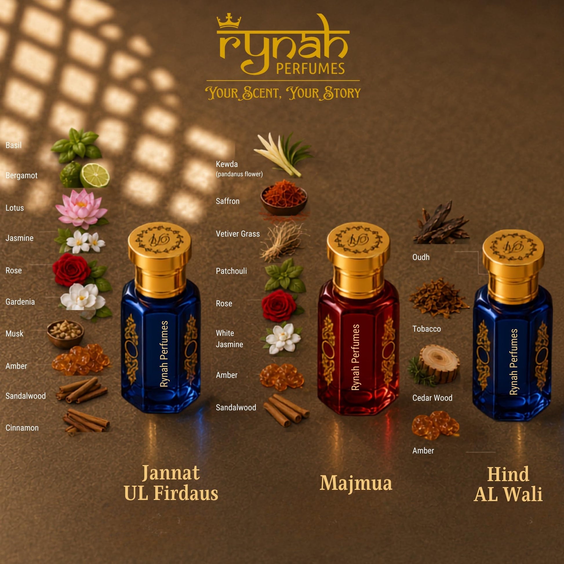 RYNAH Arabic Attar Set - 3 x 6ml Roll-On Perfume Oils (Jannat Ul Firdaus, Majmua, Hind Al Wali) - packaging (12)