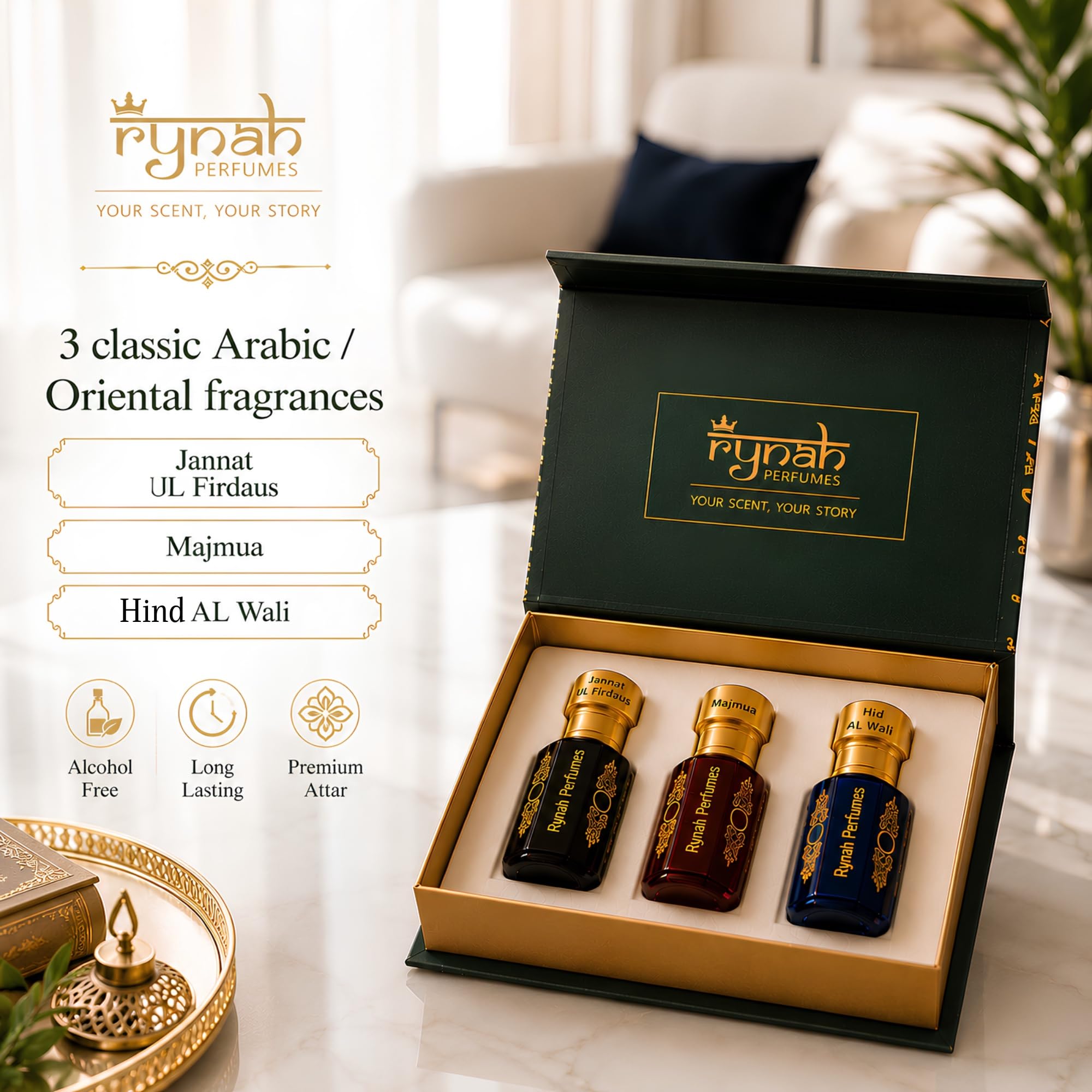 RYNAH Arabic Attar Set - 3 x 6ml Roll-On Perfume Oils (Jannat Ul Firdaus, Majmua, Hind Al Wali) - size and scale