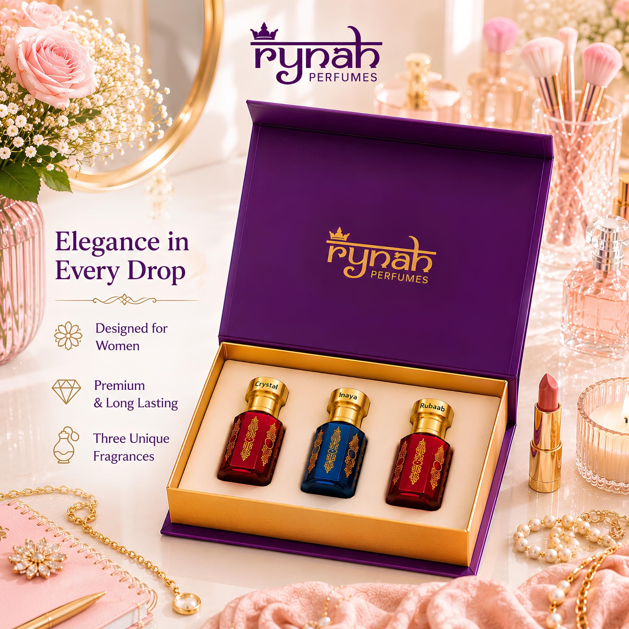 RYNAH Arabic Attar Set - 3 x 6ml Roll-On Perfume Oils (Jannat Ul Firdaus, Majmua, Hind Al Wali) - front view (27)