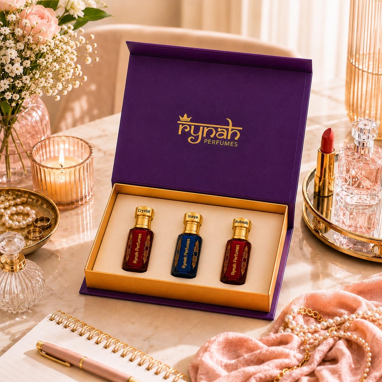 RYNAH Arabic Attar Set - 3 x 6ml Roll-On Perfume Oils (Jannat Ul Firdaus, Majmua, Hind Al Wali) - back view (28)