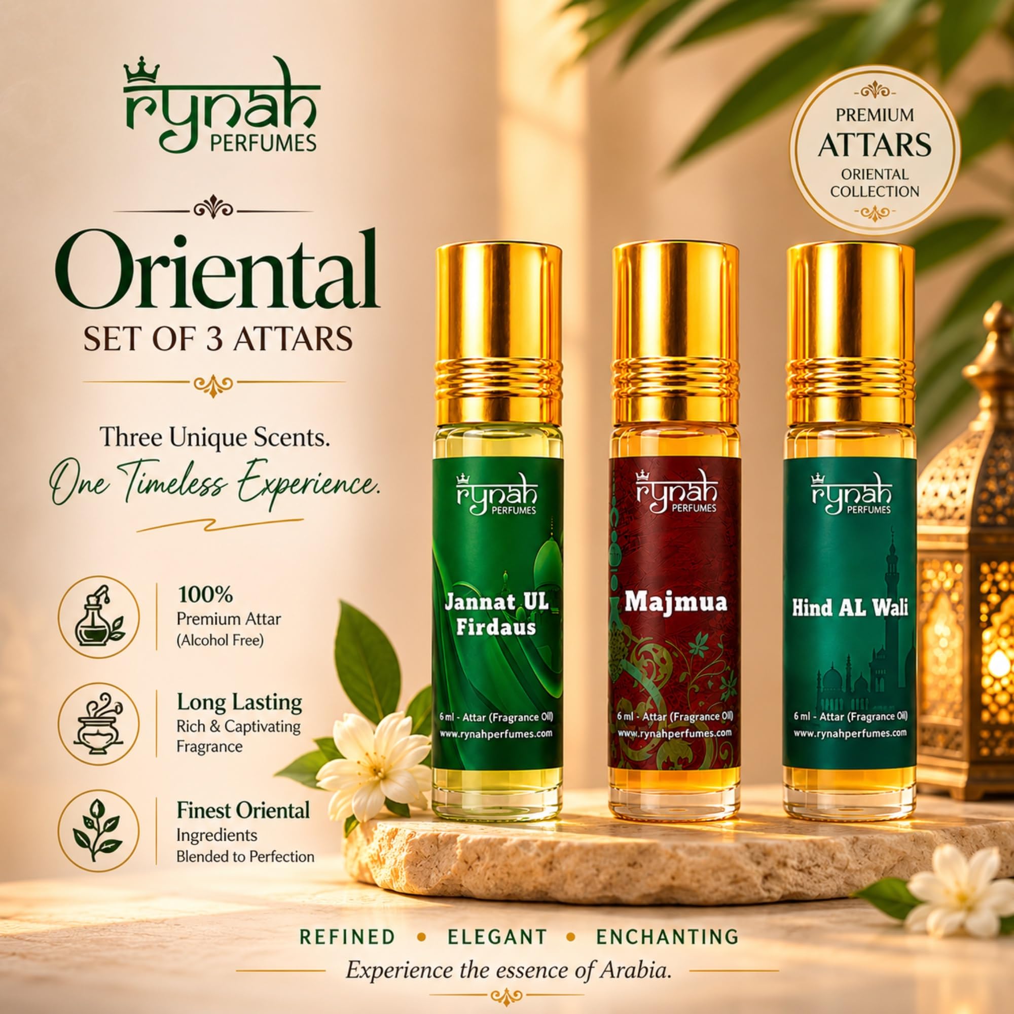 RYNAH Arabic Attar Set - 3 x 6ml Roll-On Perfume Oils (Jannat Ul Firdaus, Majmua, Hind Al Wali) - back view