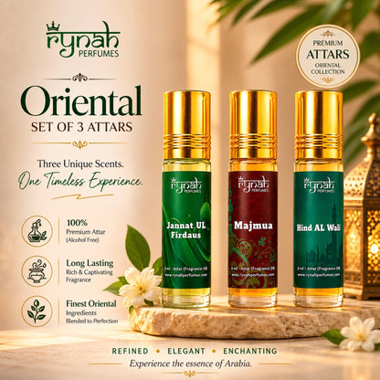 RYNAH Arabic Attar Set - 3 x 6ml Roll-On Perfume Oils (Jannat Ul Firdaus, Majmua, Hind Al Wali) - back view