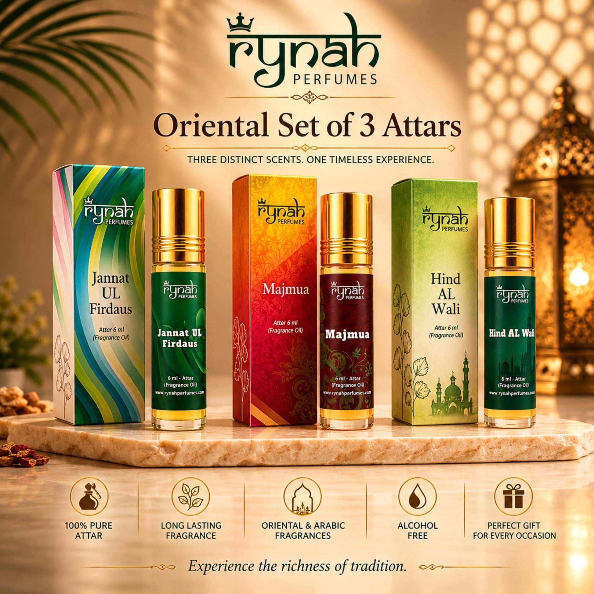 RYNAH Arabic Attar Set - 3 x 6ml Roll-On Perfume Oils (Jannat Ul Firdaus, Majmua, Hind Al Wali) - packaging