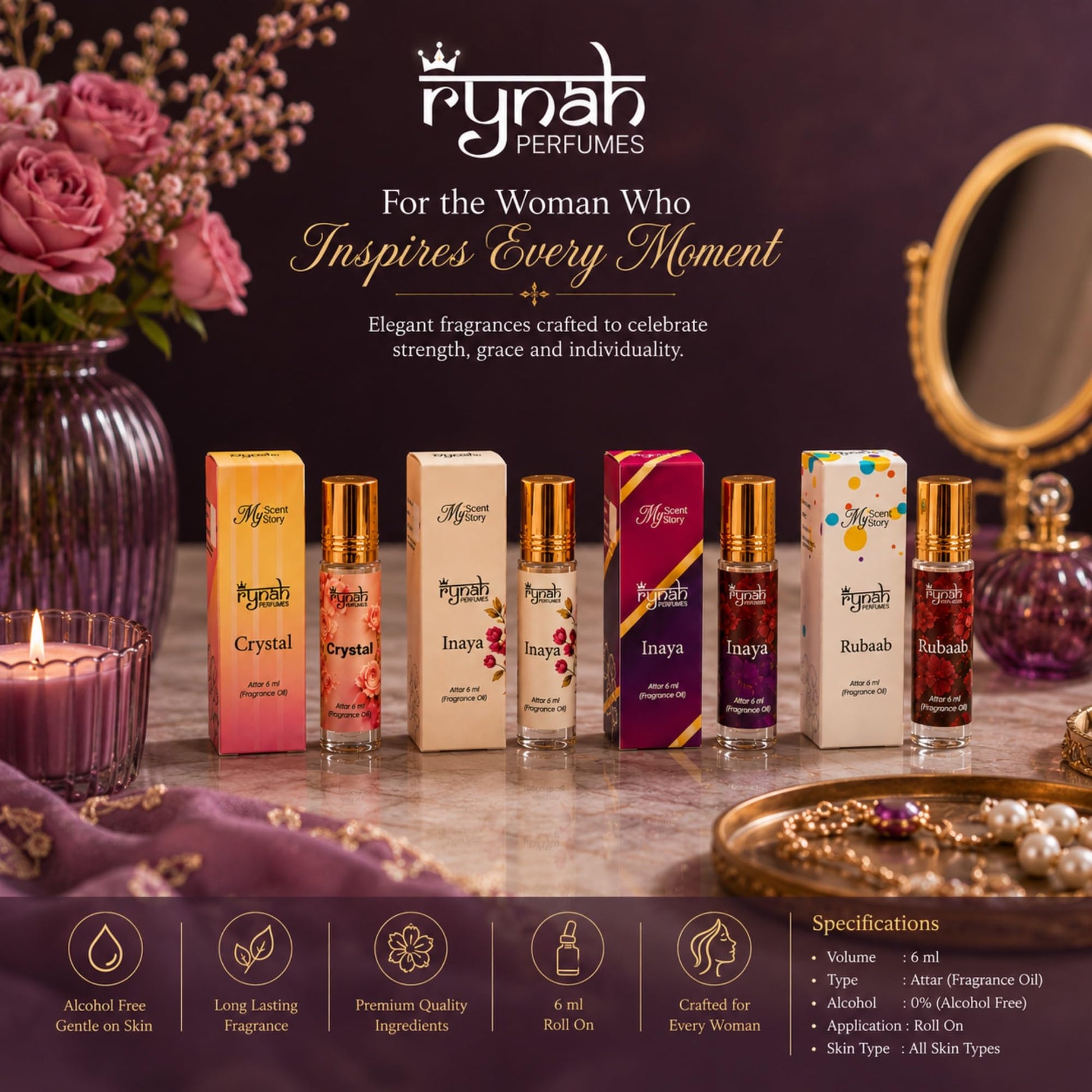 RYNAH Arabic Attar Set - 3 x 6ml Roll-On Perfume Oils (Jannat Ul Firdaus, Majmua, Hind Al Wali) - ingredients panel (40)