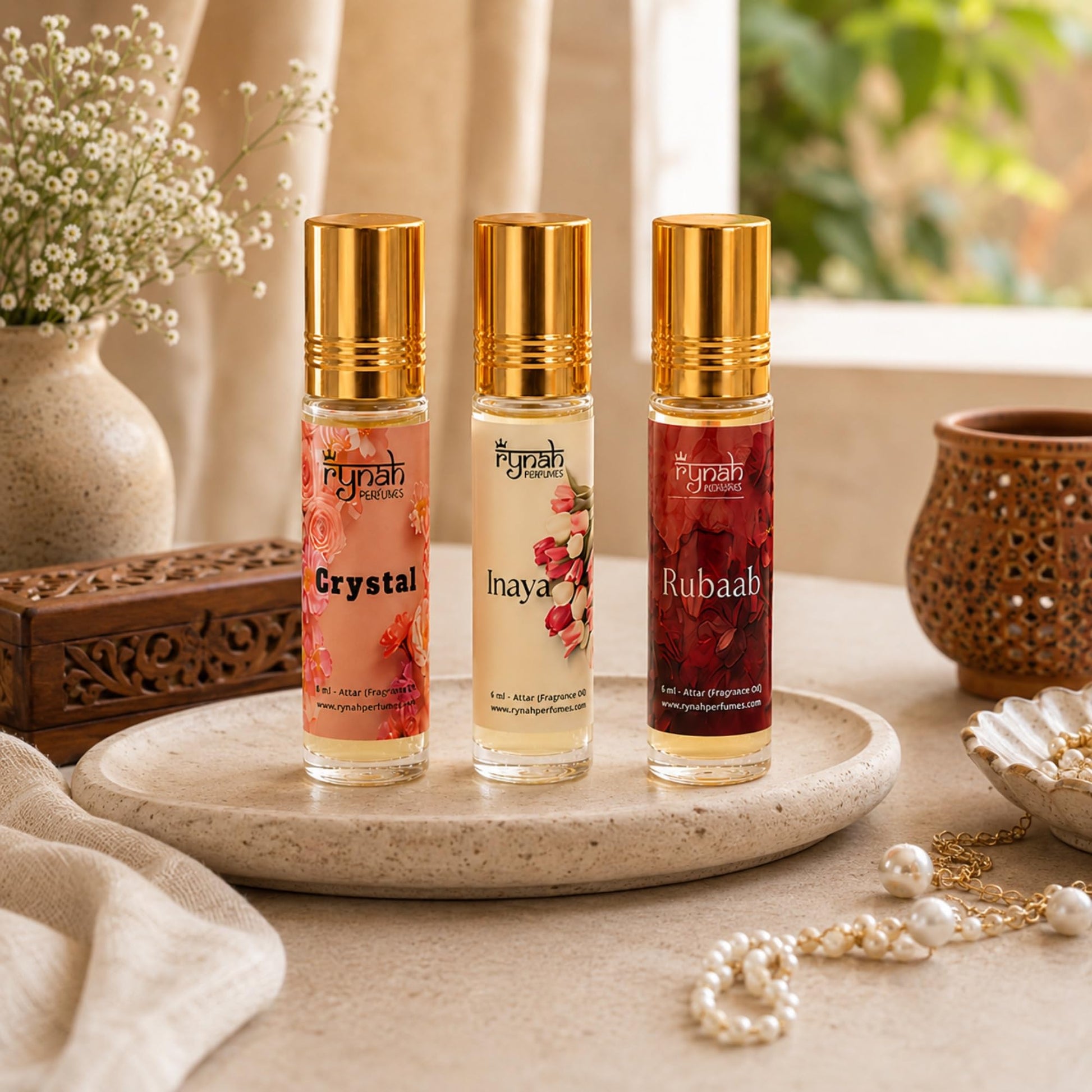 RYNAH Arabic Attar Set - 3 x 6ml Roll-On Perfume Oils (Jannat Ul Firdaus, Majmua, Hind Al Wali) - close-up detail (41)