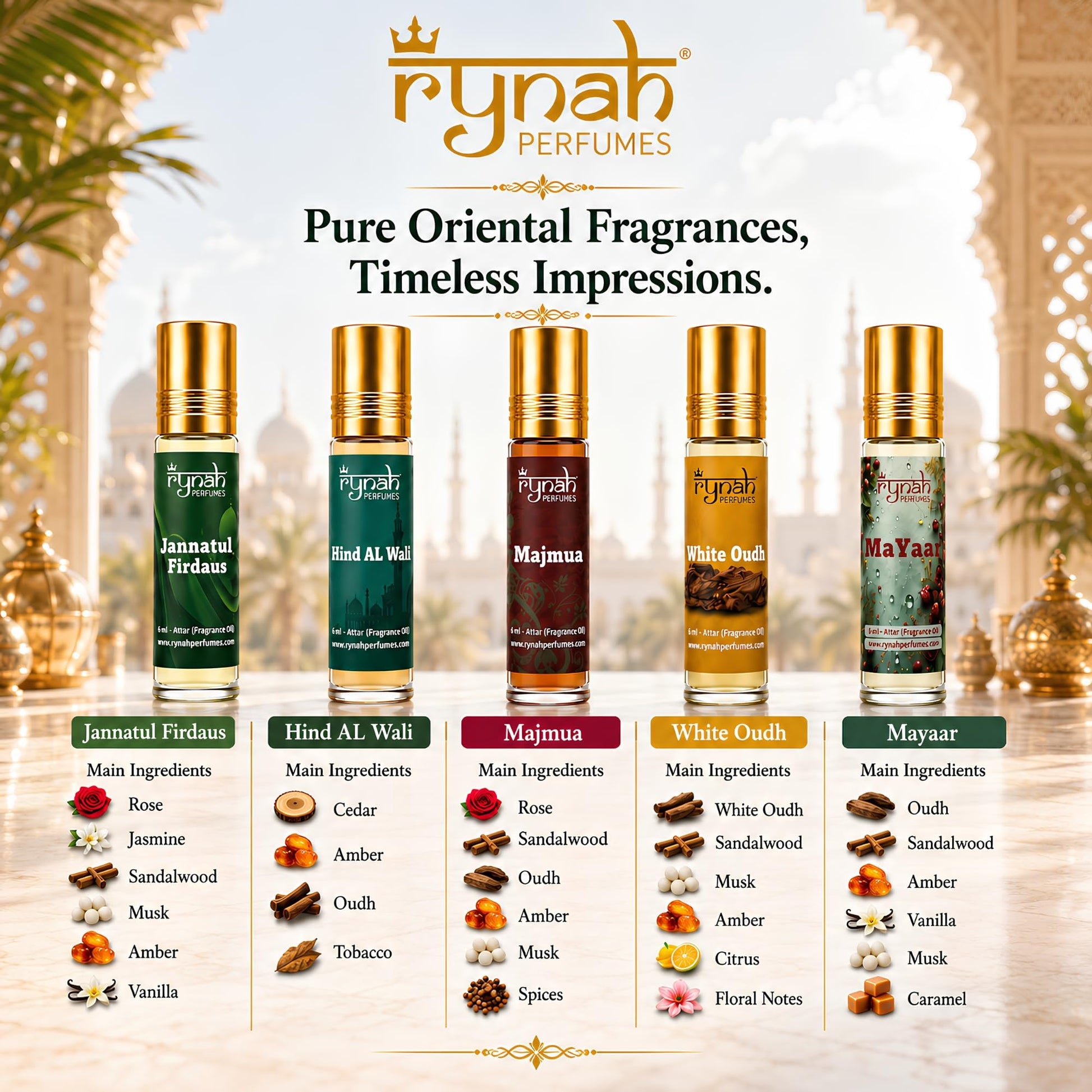 RYNAH Arabic Attar Set - 3 x 6ml Roll-On Perfume Oils (Jannat Ul Firdaus, Majmua, Hind Al Wali) - ingredients panel (47)
